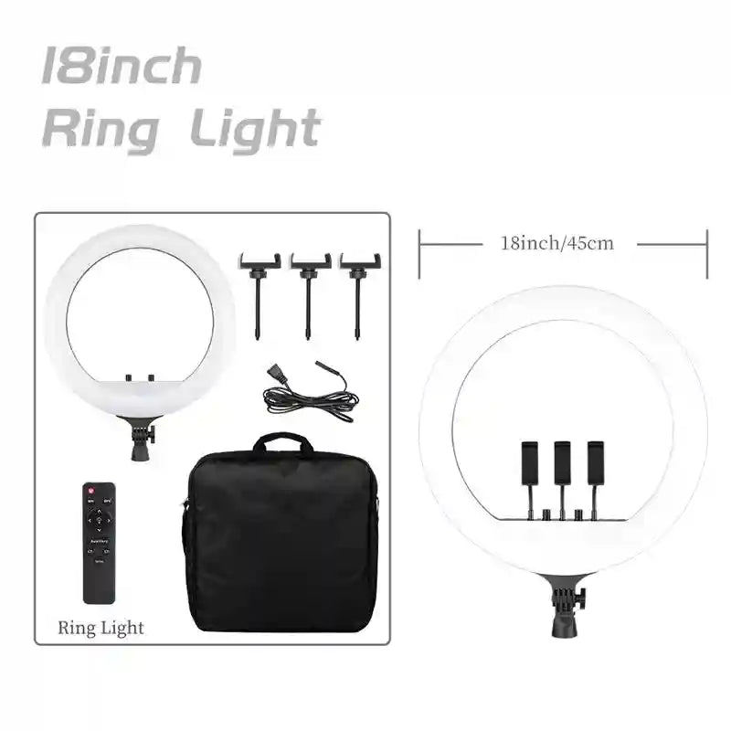 18-inch circular LED ring light with three phone mounts, remote control, power cord, and a black carrying case.