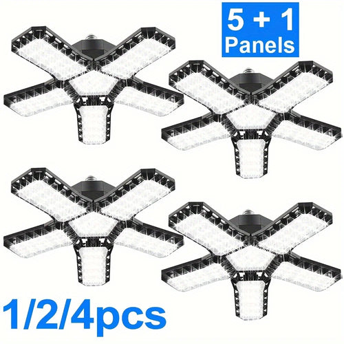 LED garage ceiling light with 5+1 adjustable LED panels, black folding cross design