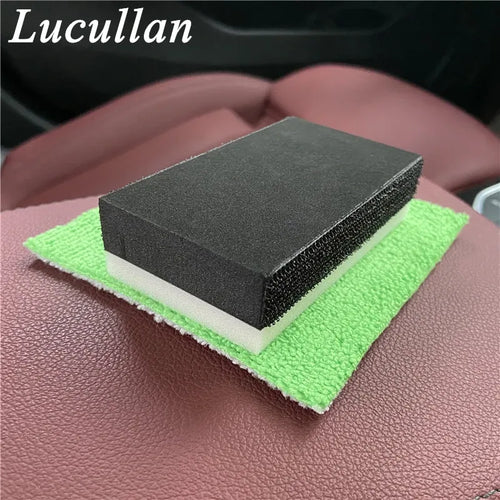 Lucullan ceramic coating applicator with foam block and hook-and-loop cloth, side view, ideal for smart yoga mat care.