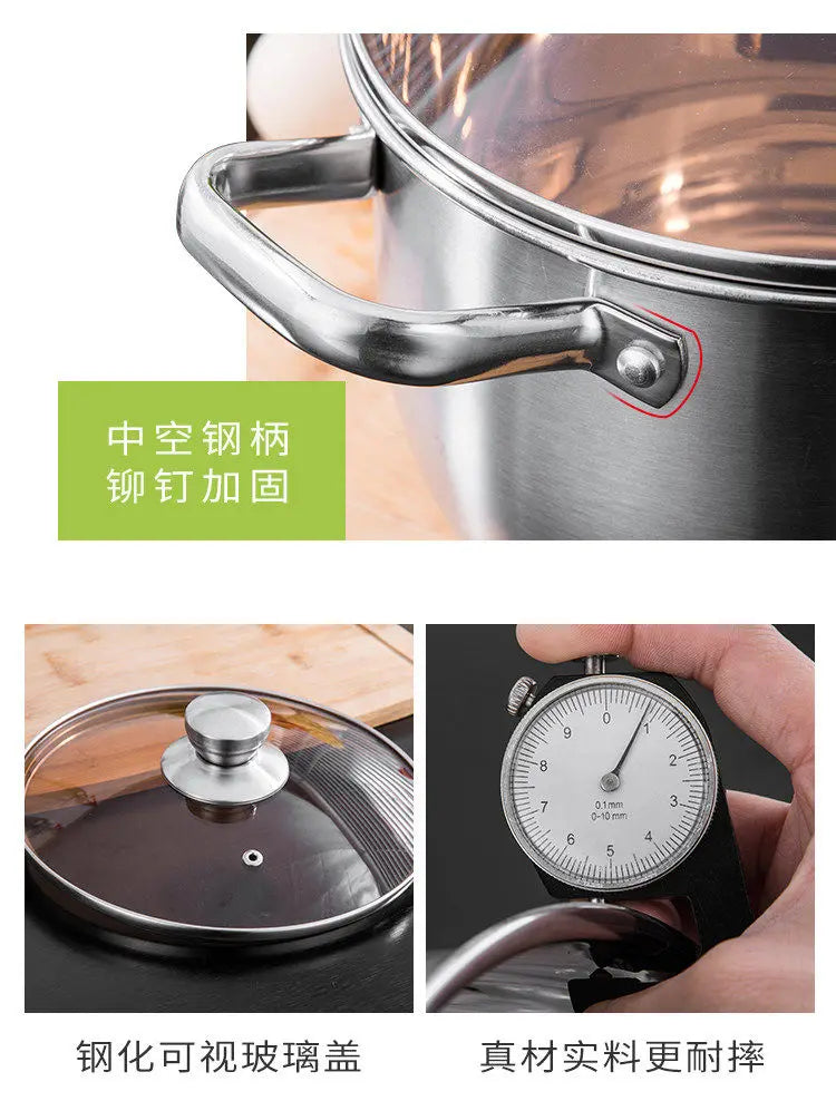 Stainless steel steamer pot with glass lid and curved side handle, close-up detail