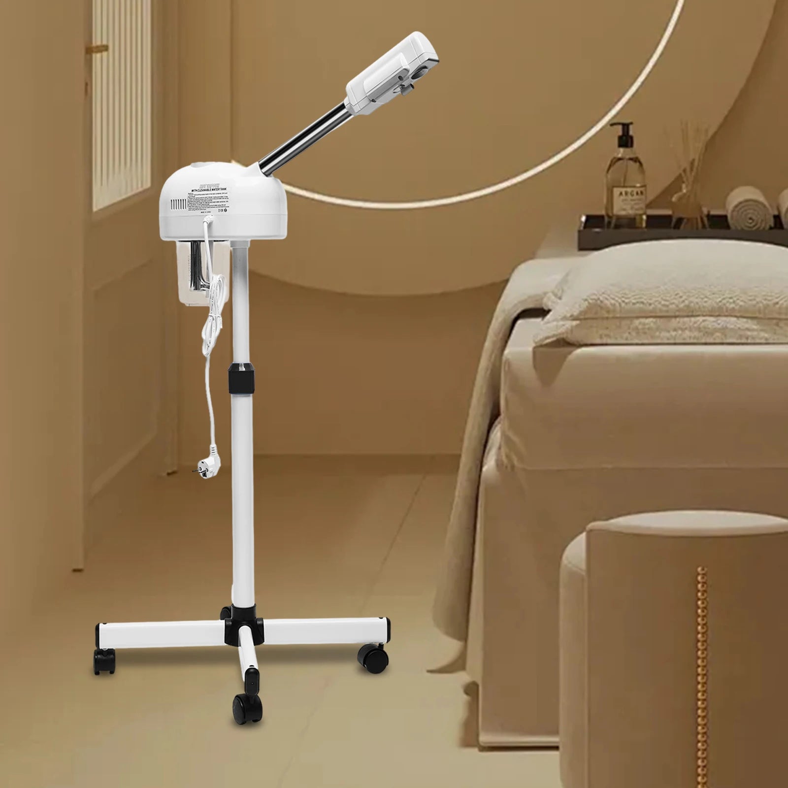 White 800W professional facial steamer with 750ml tank, adjustable height, and rolling base for spa and salon use.