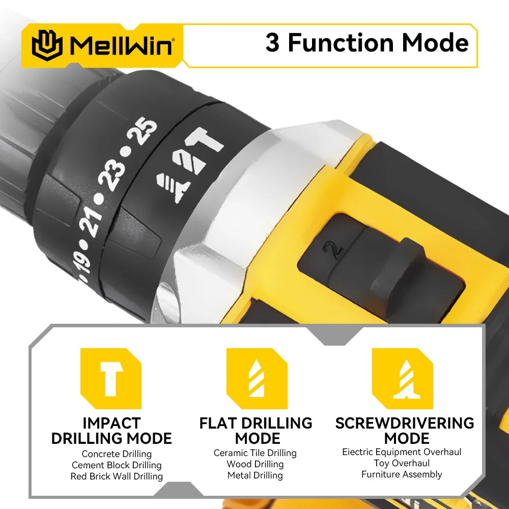 MELLWIN 25+3 Torque Electric Impact Drill Set Multipurpose Cordless Electric Screwdriver Power Tool For Makita 18V Battery Pin
