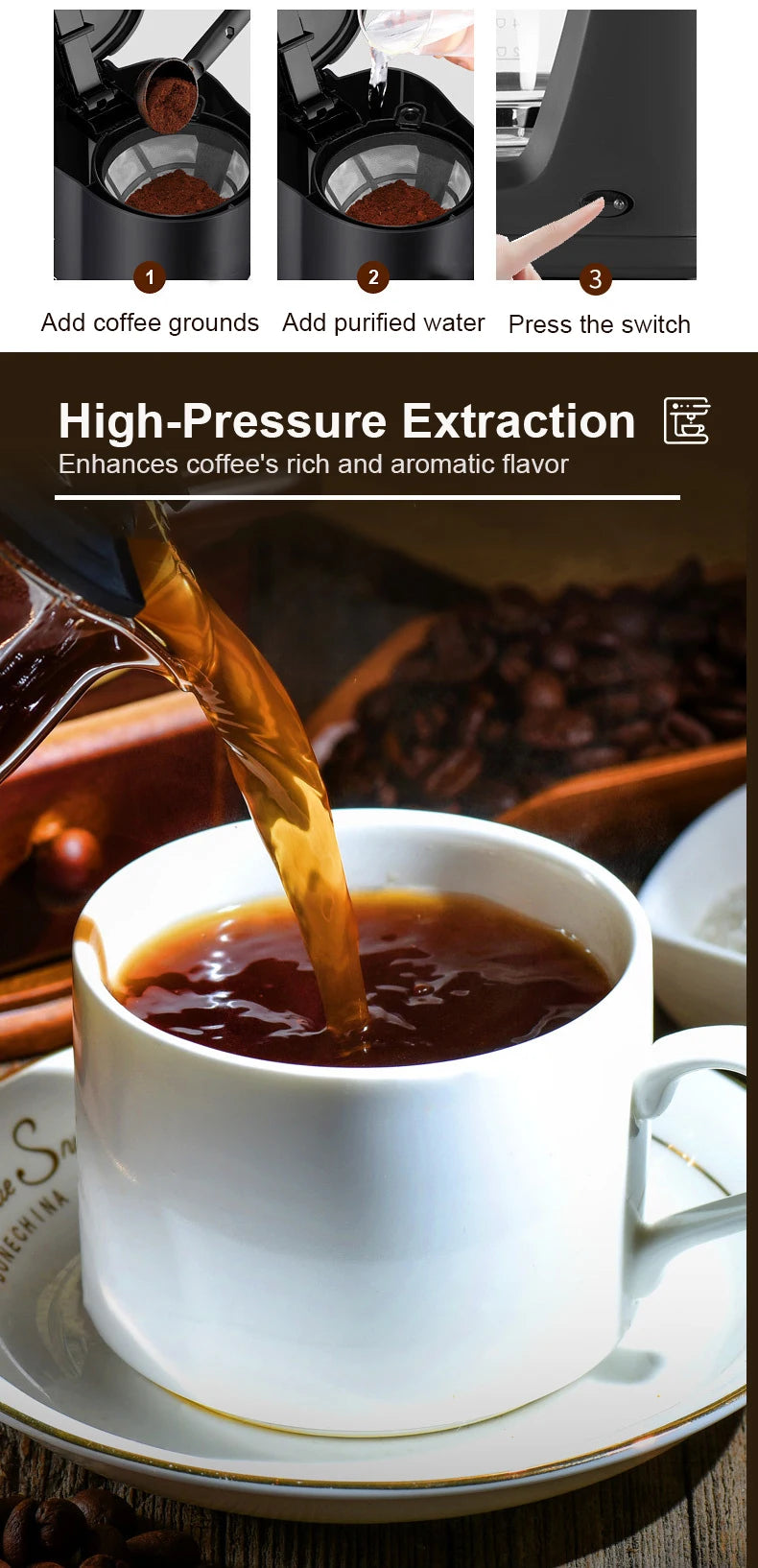 Black high-pressure coffee maker pouring fresh espresso into a white ceramic cup, showing easy 3-step operation.