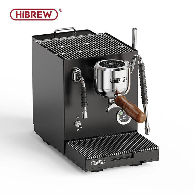 HiBREW black professional espresso machine with stainless steel accents, pressure gauge, and wooden portafilter handle.