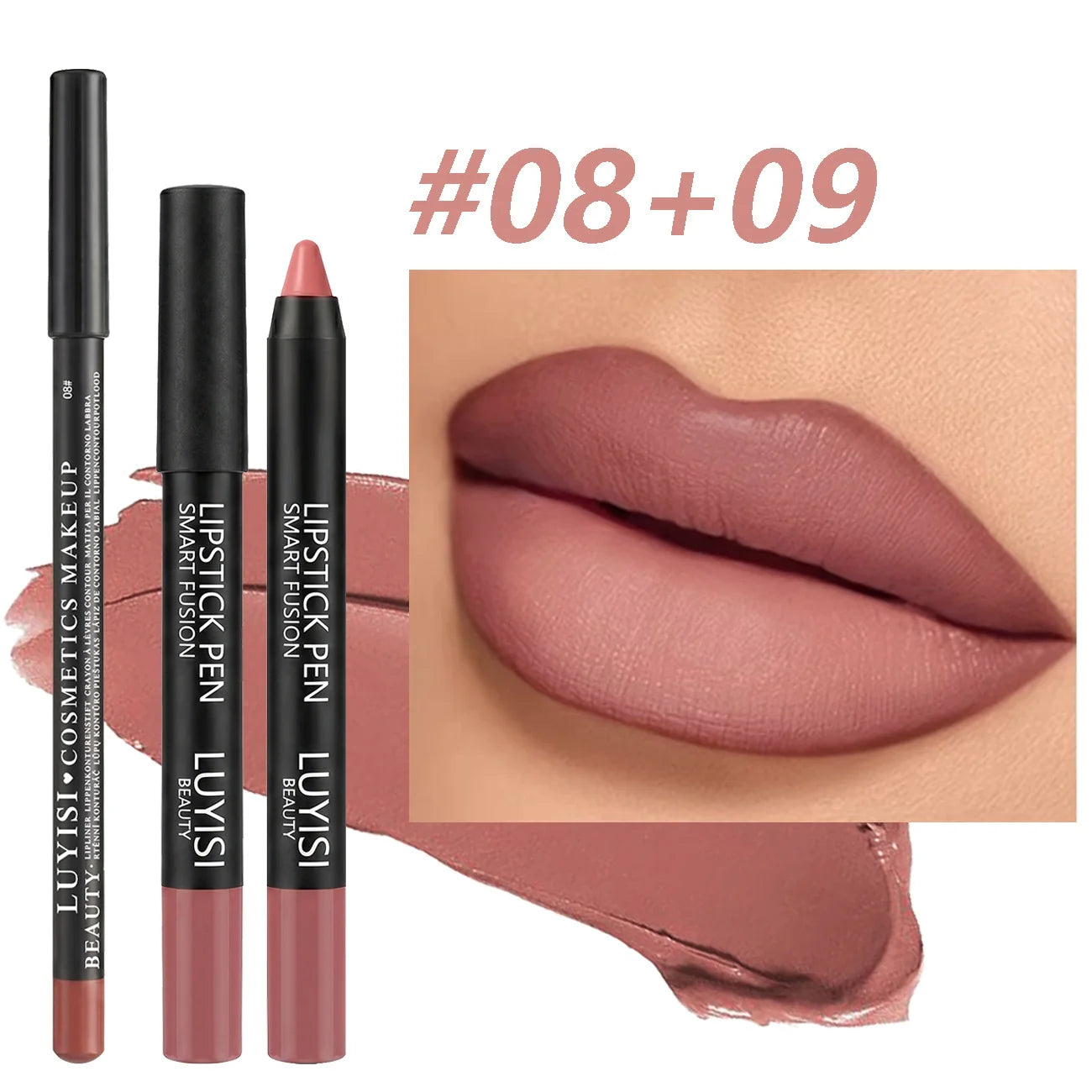 2pcs velvet matte lip set with waterproof lipstick pencil and long-lasting lip liner in mauve nude shade.
