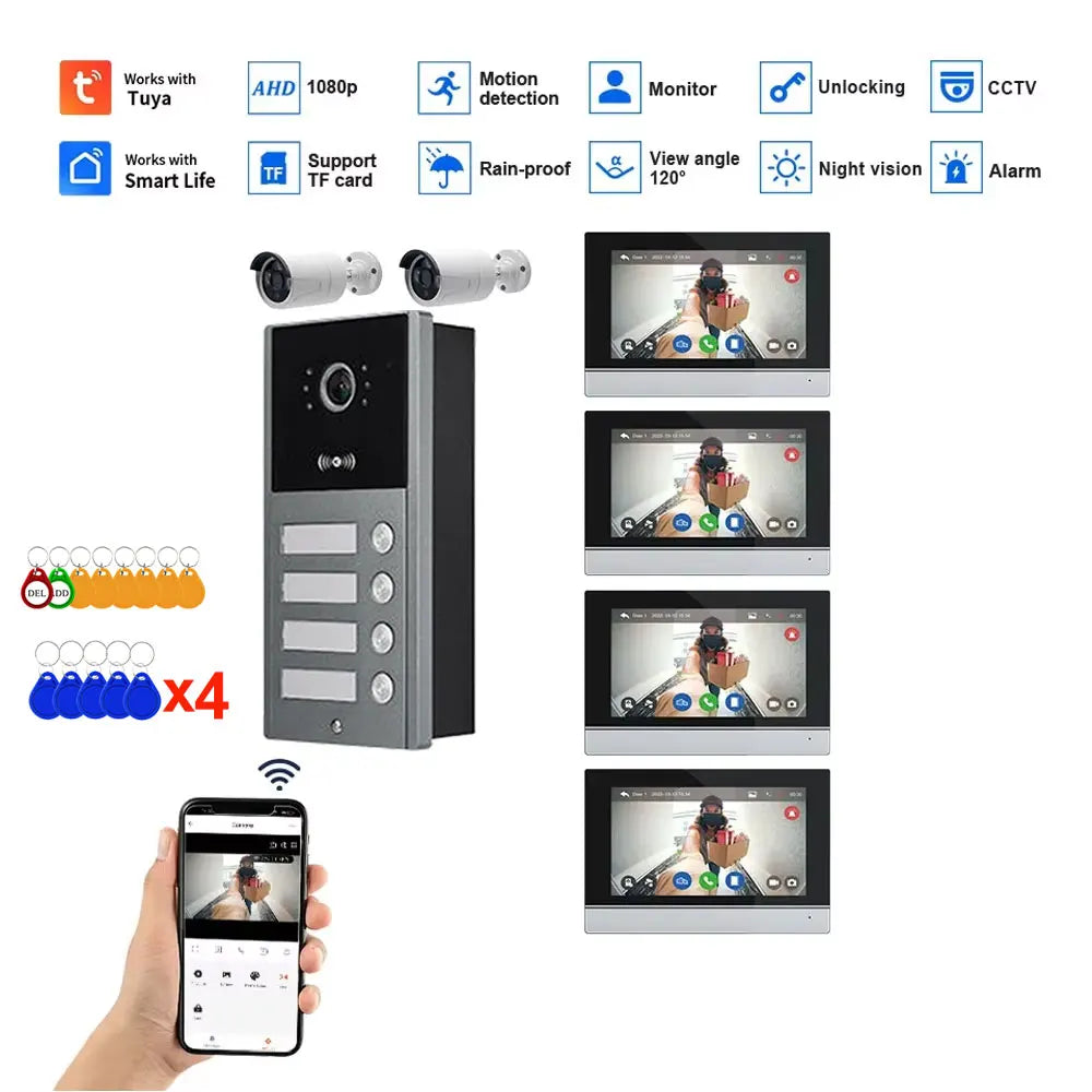 10 inch Touch Screen WiFi 1080P Intercom Doorbell 4 Wire Video Doorphone System RFID APP Unlock for 2/3/4 Unit Home Apartments