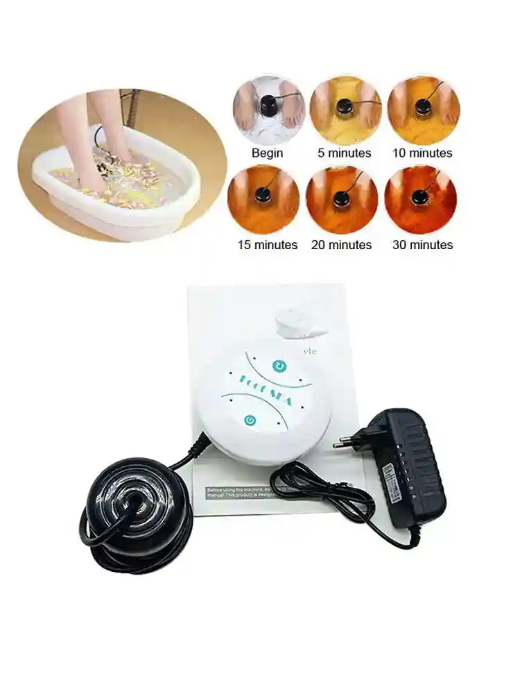 Ionic foot detox bath machine with white controller, black ion array, and power adapter for at-home spa detoxification.