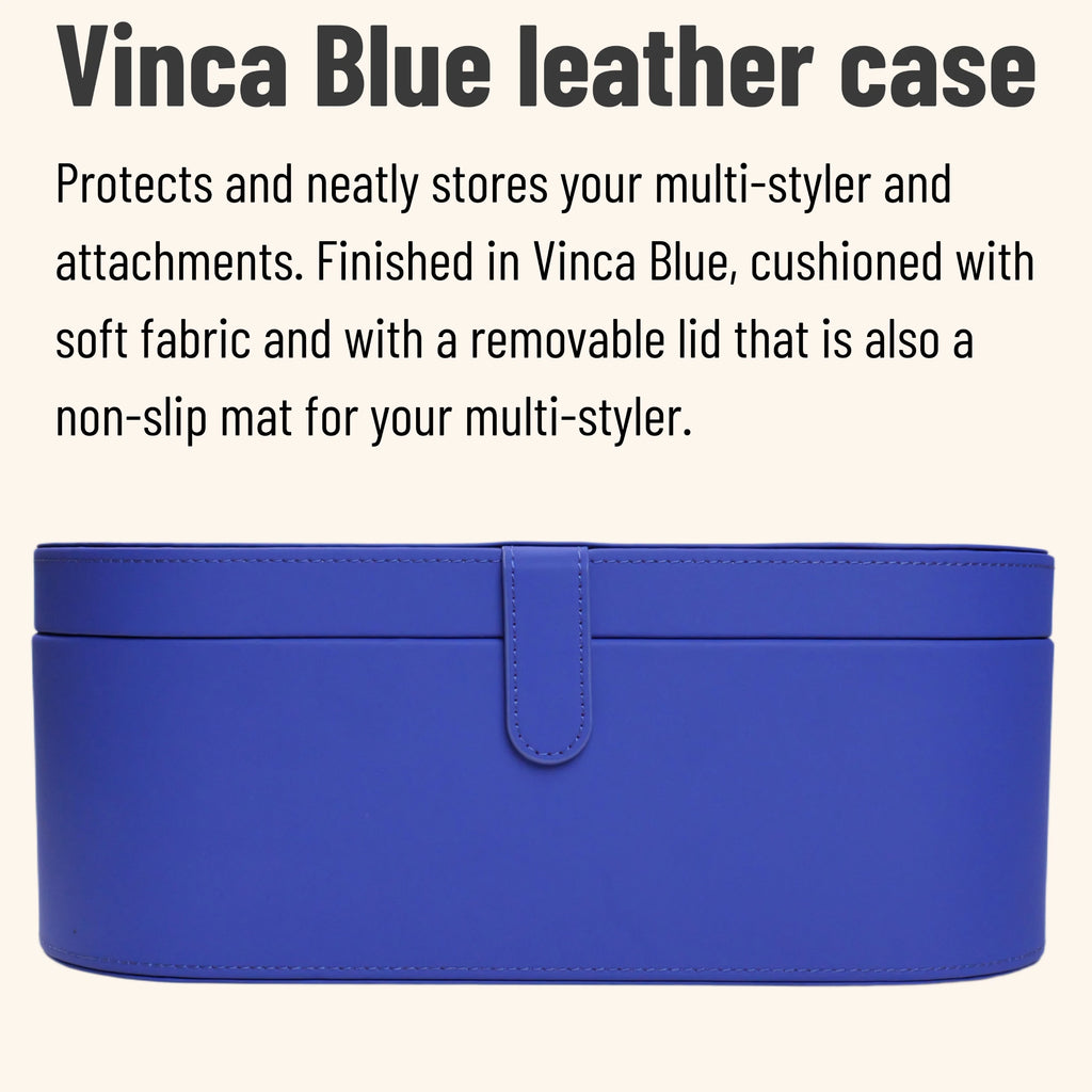 Vinca Blue leather storage case for 6-in-1 hair styler, curling barrel, and hot air brush tool accessories.