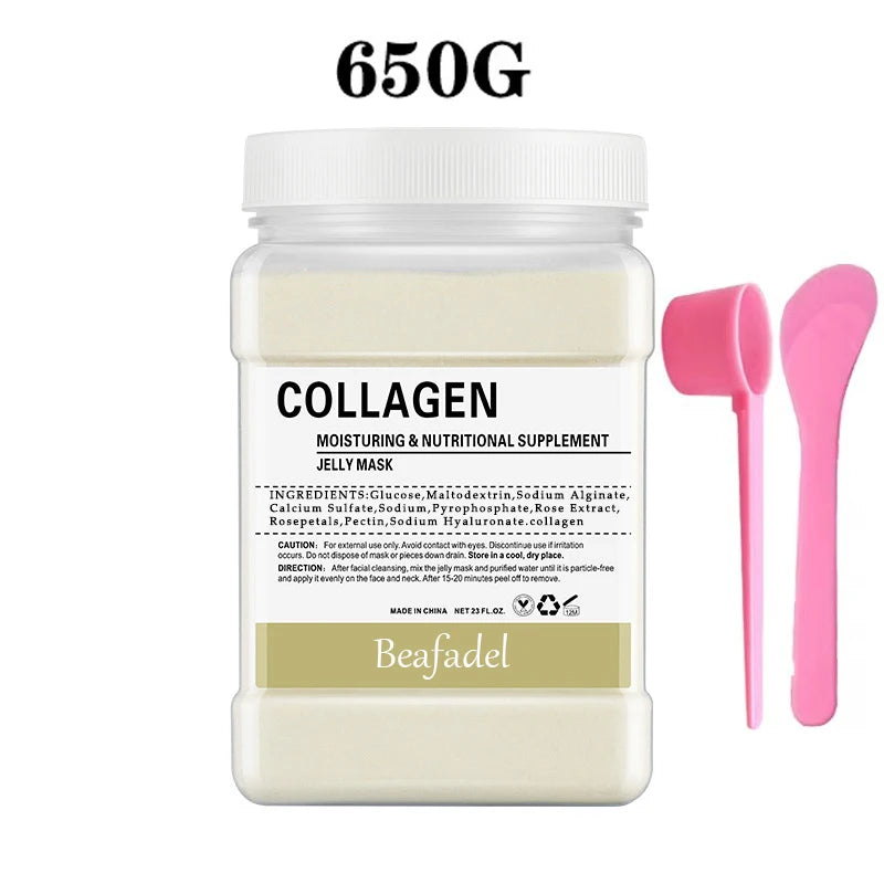 650g collagen jelly mask powder jar with pink spatula applicators