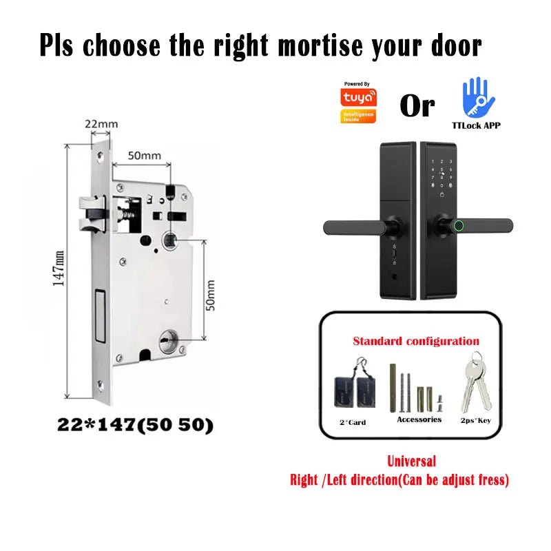 Keyless Tuya Bluetooth APP Digital Biometric Fingerprint Electric Smart Door Handle Key Card Lock with 5050 72 85 Mortise