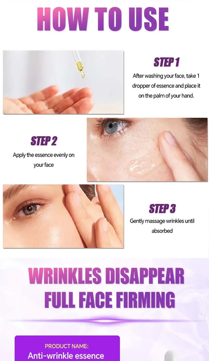 How to use guide for Anti-Wrinkle Essence: 3-step application routine for firm, elastic, and youthful-looking skin.
