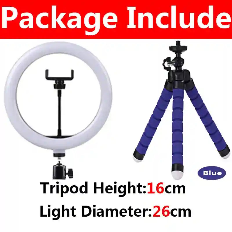 26cm circular LED ring light and a 16cm blue flexible foam tripod stand for smartphone photography and video recording.