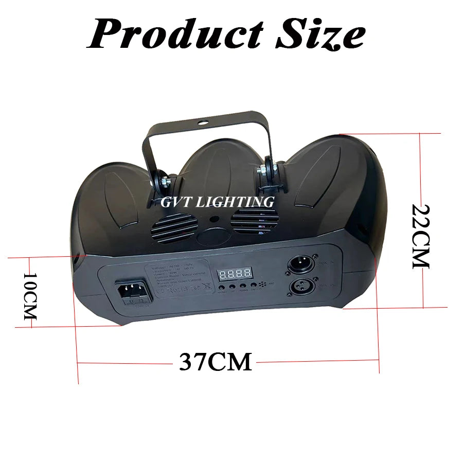 Black three-head LED stage light projector with display screen, buttons, and power inputs