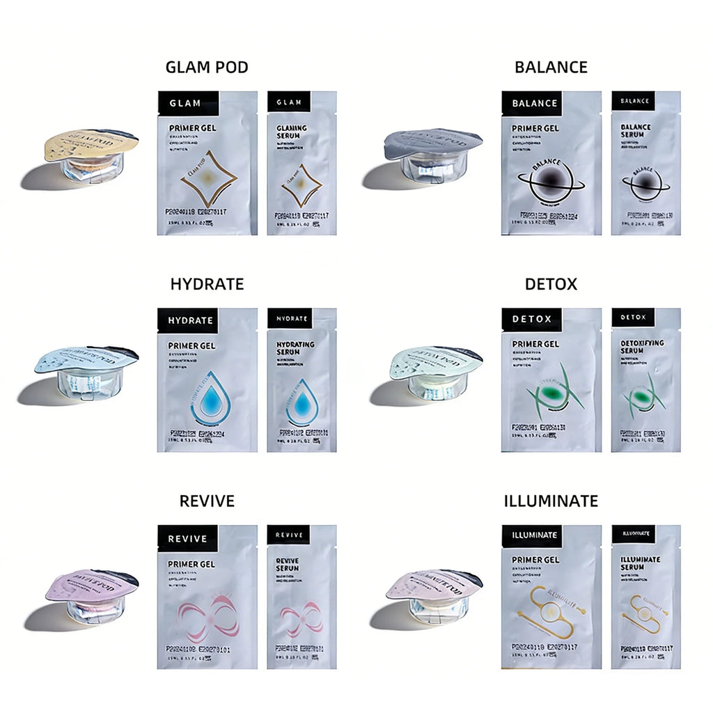 6 types of Oxygen Jet Spa facial pods with primer gel and serum packets for skin rejuvenation and exfoliation therapy.