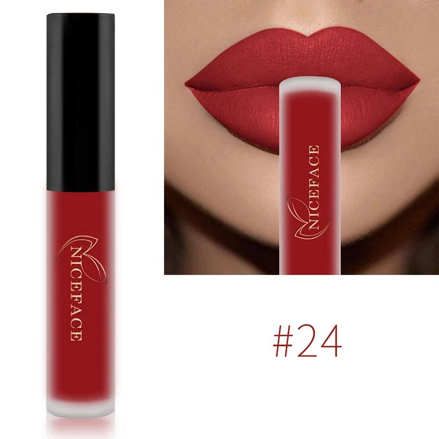 Niceface waterproof liquid lipstick in shade #24, featuring a vibrant red matte finish and smooth lip makeup application.