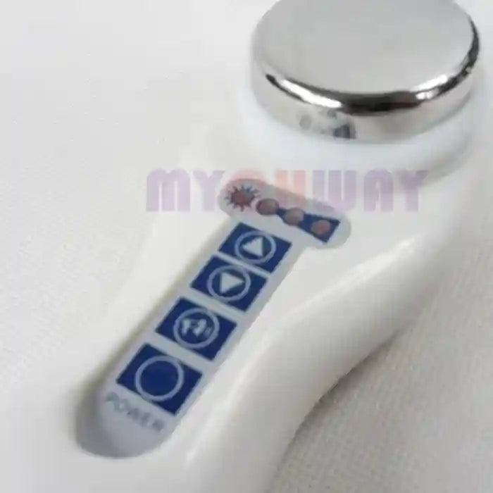 Portable white handheld ultrasound therapy device for arthritis pain relief with silver massage head and control panel.