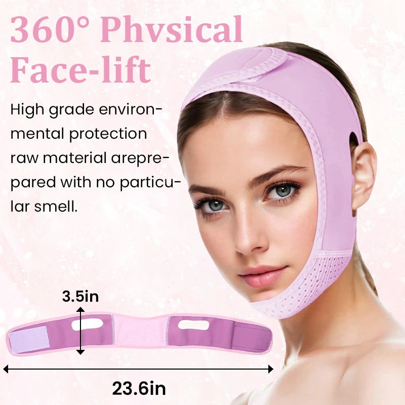 A woman wearing a light purple V-line facial slimming strap with a mesh chin piece and adjustable velcro head closure.
