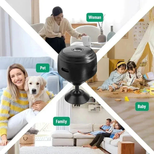 Black dome WiFi security camera on stand, designed for indoor home video monitoring