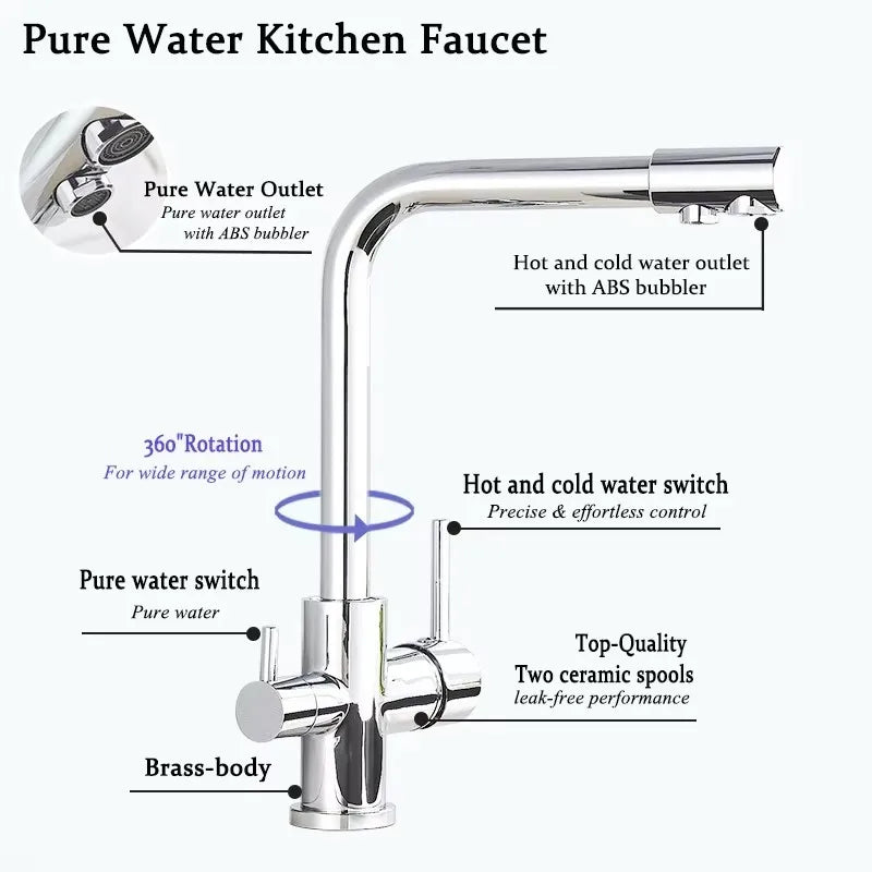 Kitchen Faucet Dual Swivel Spout Drinking Water Filter Purifier Vessel Sink Mixer Tap Hot and Cold Water