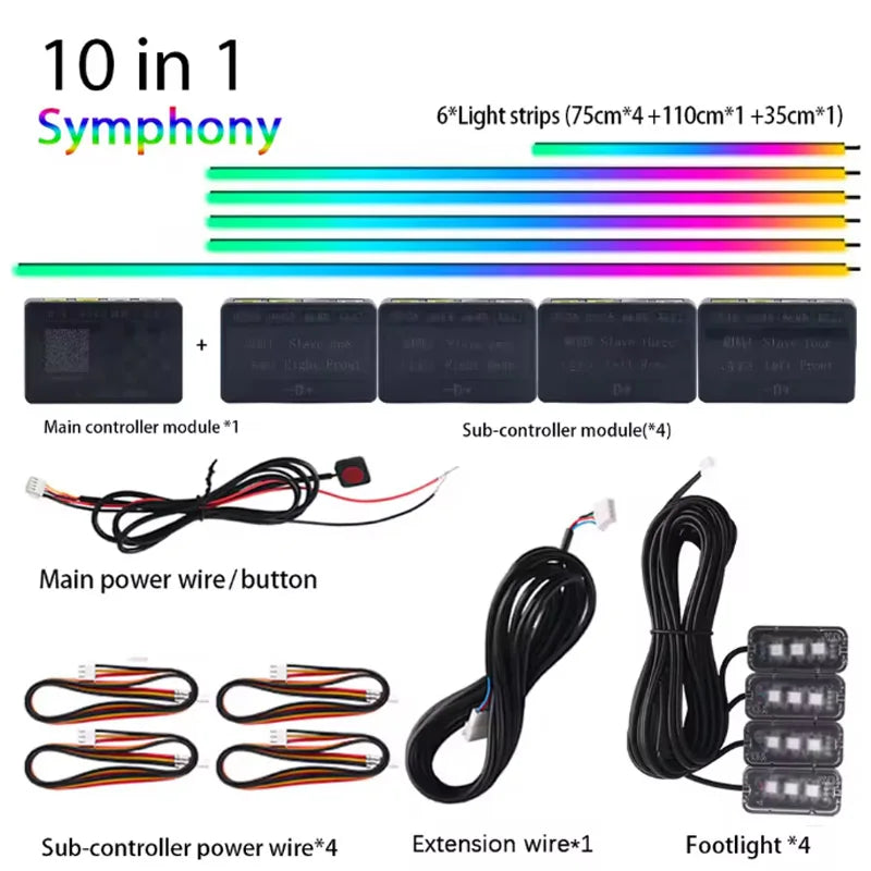Tidesmit RGB Symphony Car Ambient Lighting Kit - Customizable LED Strips 10 in 1 Symphony Tidesmit
