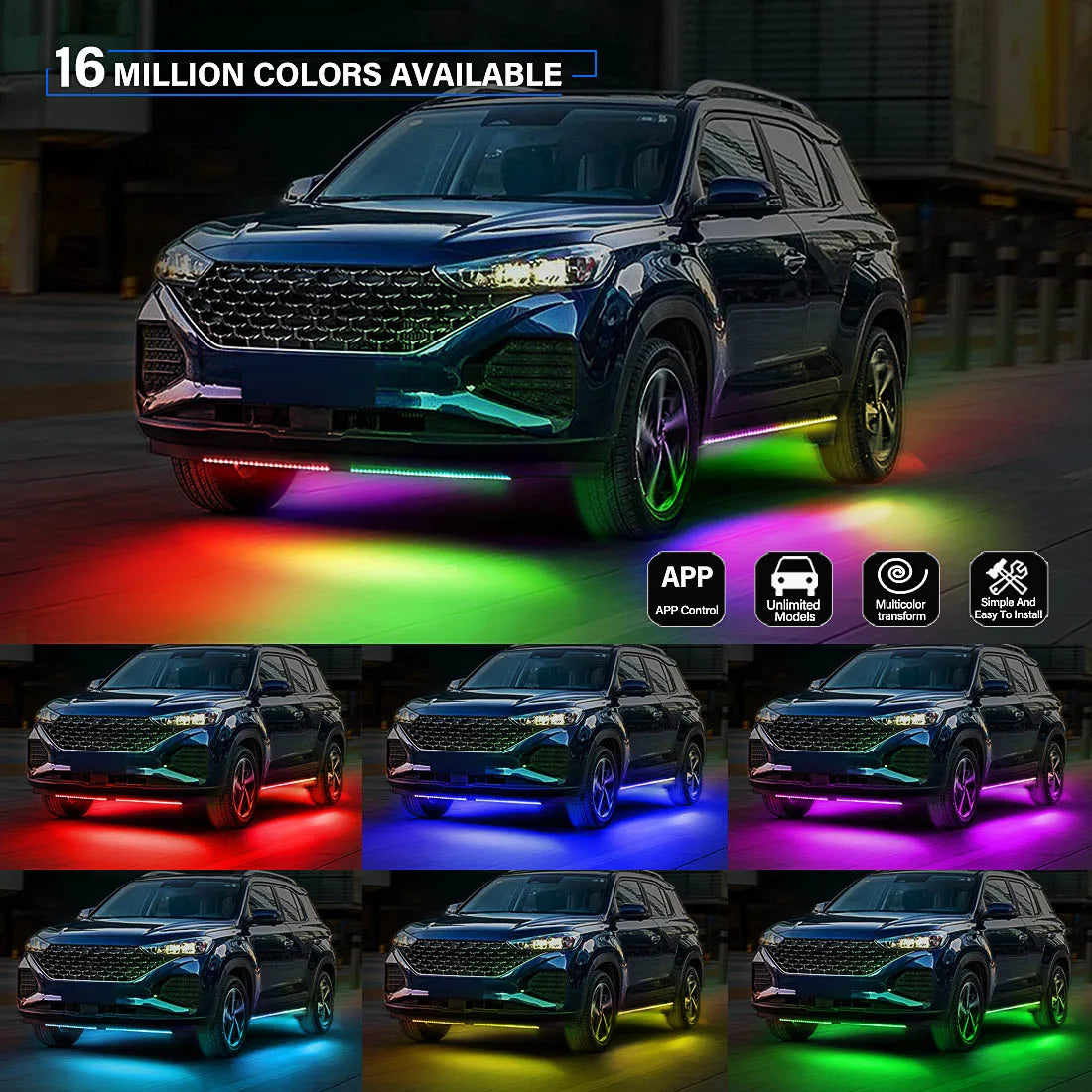 RGB LED Underglow Car Lights - App-Controlled Flowing Multi-Color 6pc Set Tidesmit