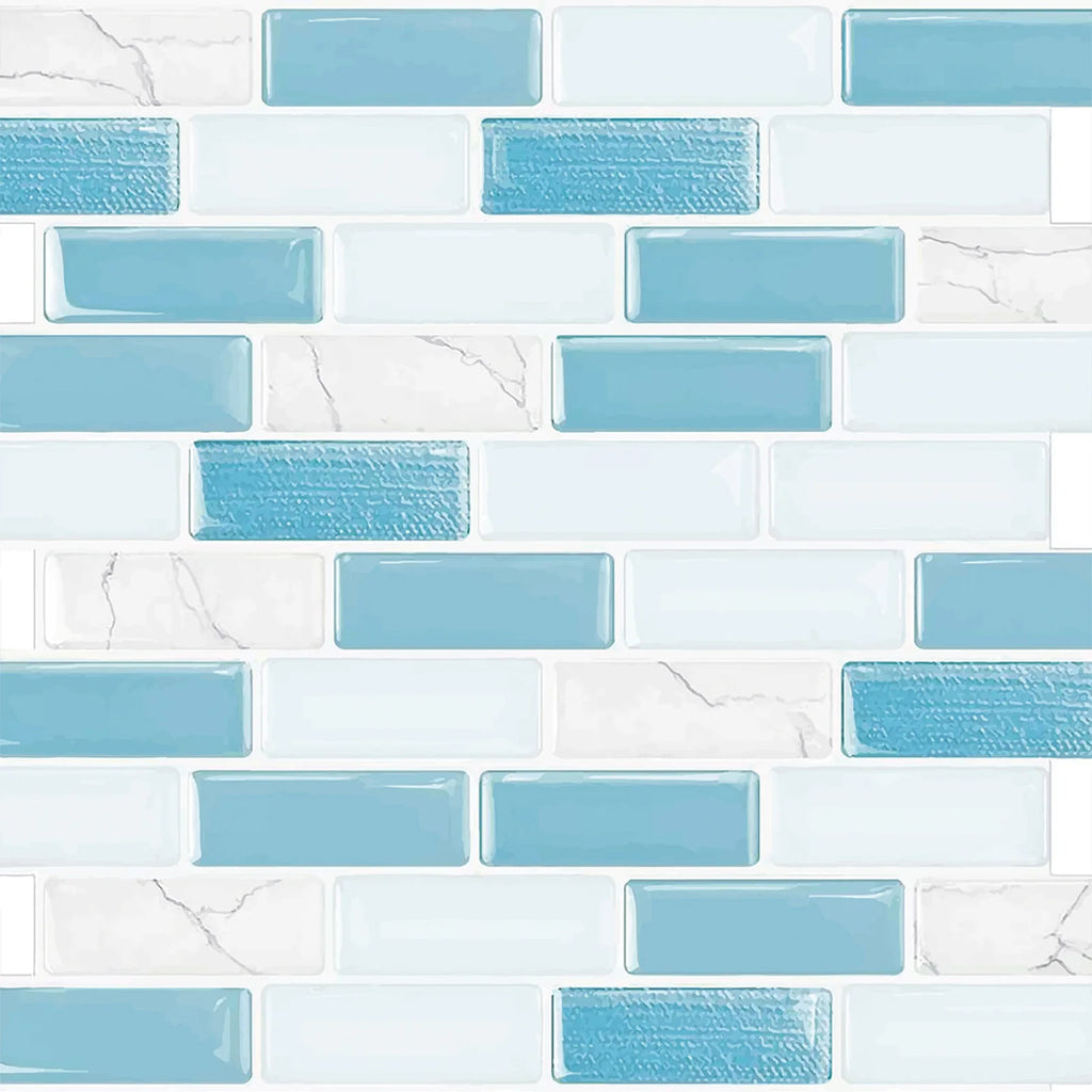 Close-up 3D mosaic tile wall sticker with white bricks and light blue rectangular insets.