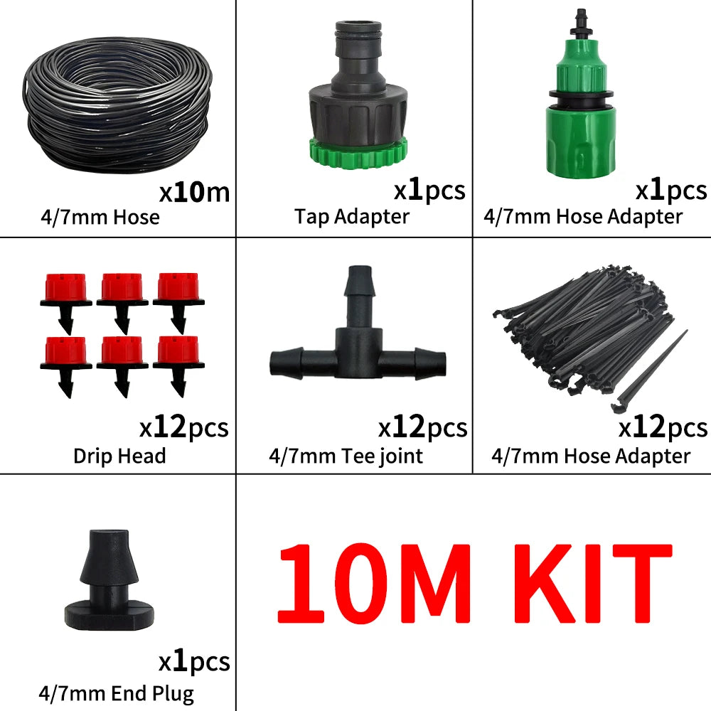 10M micro drip irrigation kit parts: black 4/7mm hose coil, adapters, drip heads, end plug