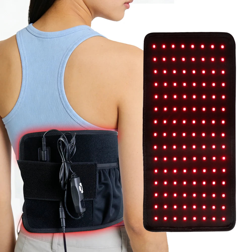 Black red light therapy waist belt with 120 LEDs for back pain relief, body shaping, and infrared heat massage.