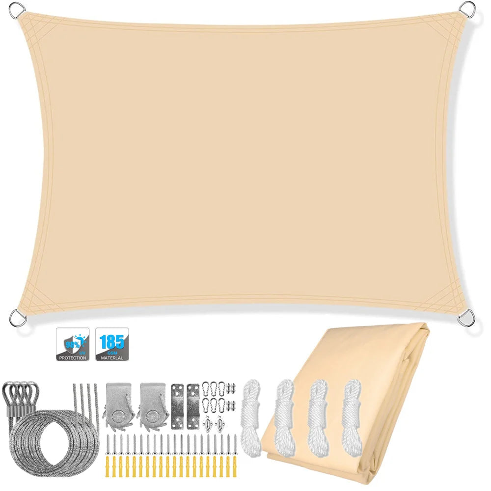 Rectangular waterproof shade sail canopy with corner grommets, beige; folded panel shown.