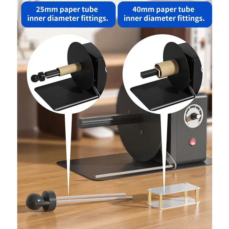 Label rewinder with 25mm and 40mm paper tube inner diameter fittings