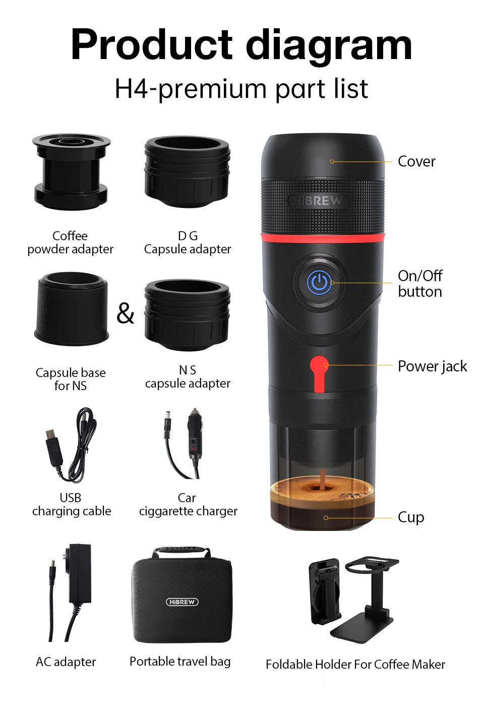 HiBREW H4 premium portable coffee maker parts diagram with adapters, chargers, travel bag, and folding stand.