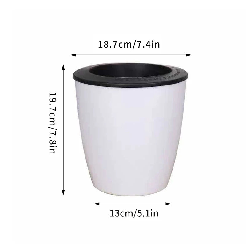 Self-watering plant pot, white with black rim and opening, 19.7cm tall, 13cm wide