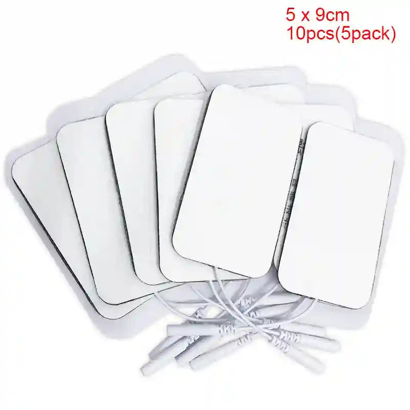 Ten 5x9cm white rectangular TENS electrode pads with lead wires for muscle stimulation therapy.