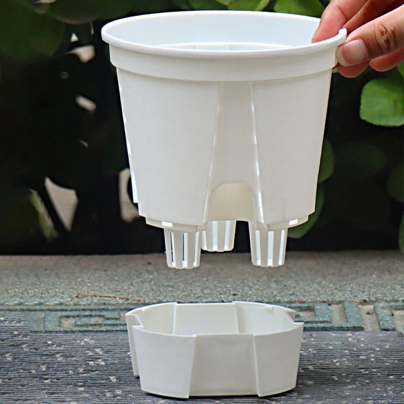 Self-watering double-layer plastic flowerpot, white, with inner reservoir and drainage legs