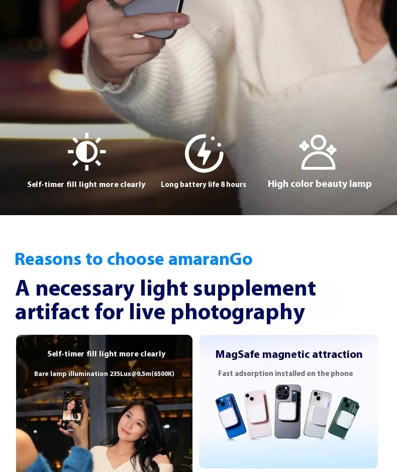 Square magnetic phone fill light for selfies and live streaming, shown in various colors attached to smartphones.