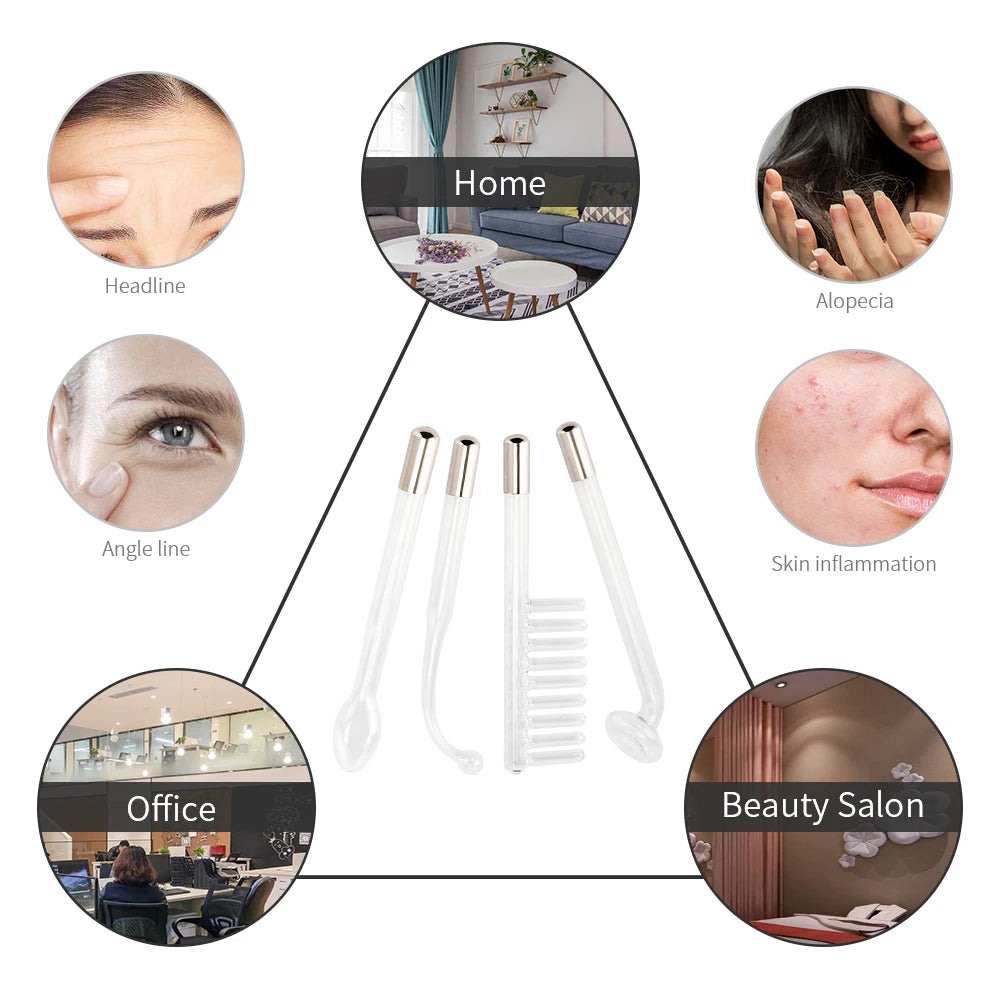 Four clear glass high-frequency electrode wands with silver tips shown with examples of skincare and hair applications.