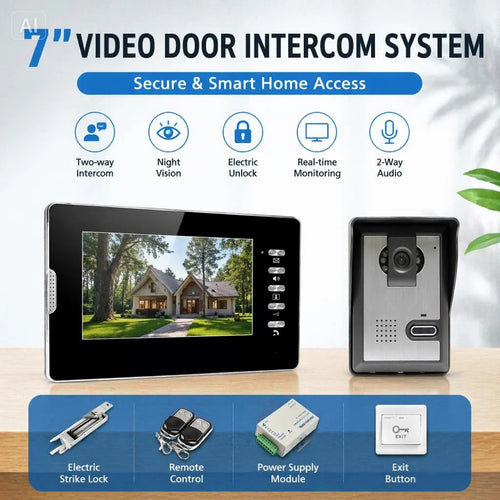 Video door intercom system kit with 7-inch monitor, outdoor camera, strike lock, exit button