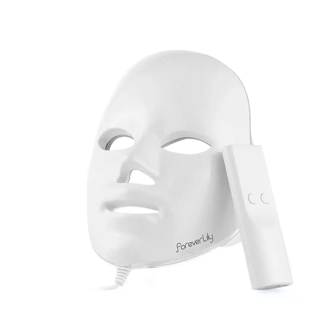 White Foreverlily LED face mask for skin rejuvenation with a handheld remote control, isolated on a white background.