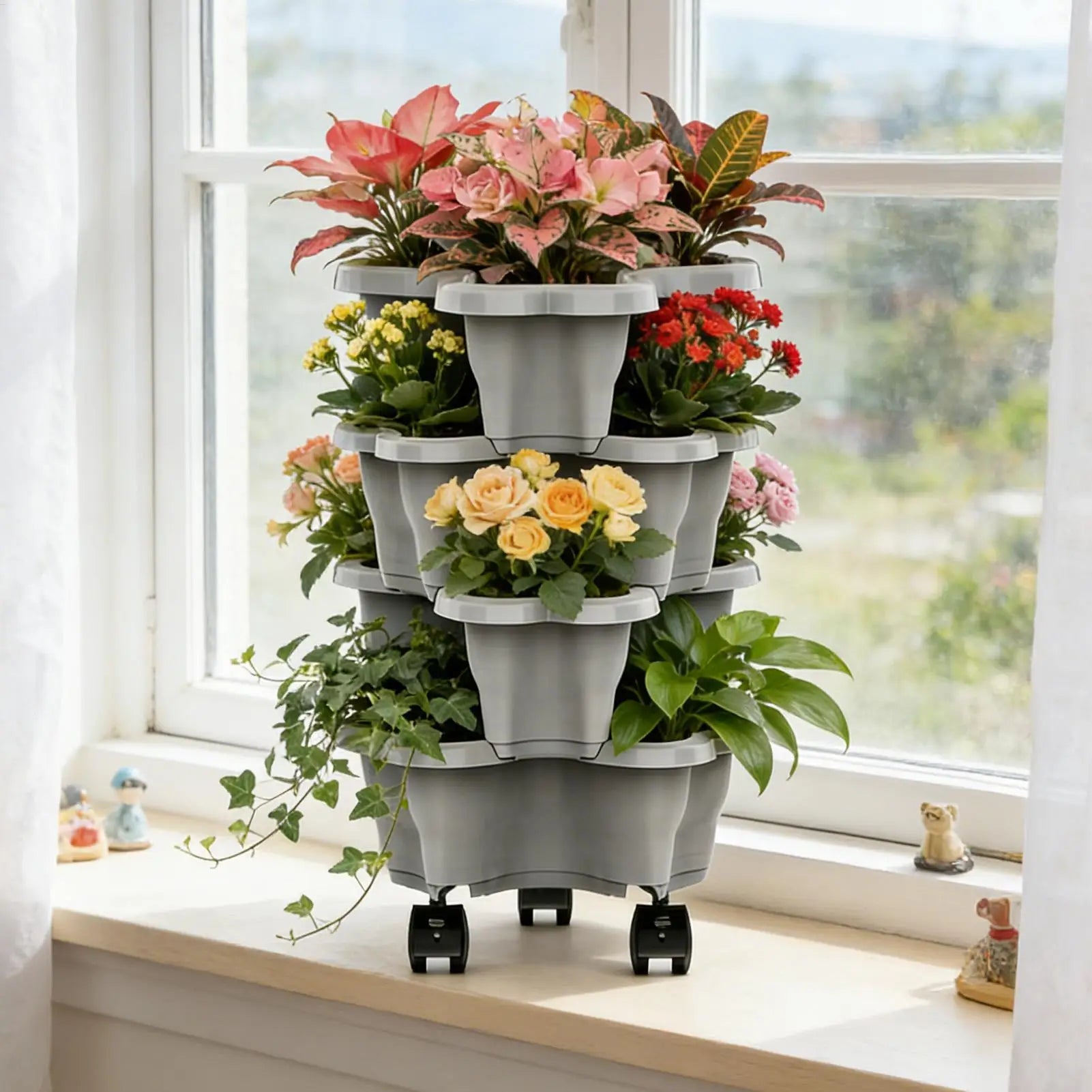 4/5 Tier Plant Tower With Wheels Stackable Plant Towers ABS Vertical Planter Tower For Strawberry Green Ivy Balcony Terrace
