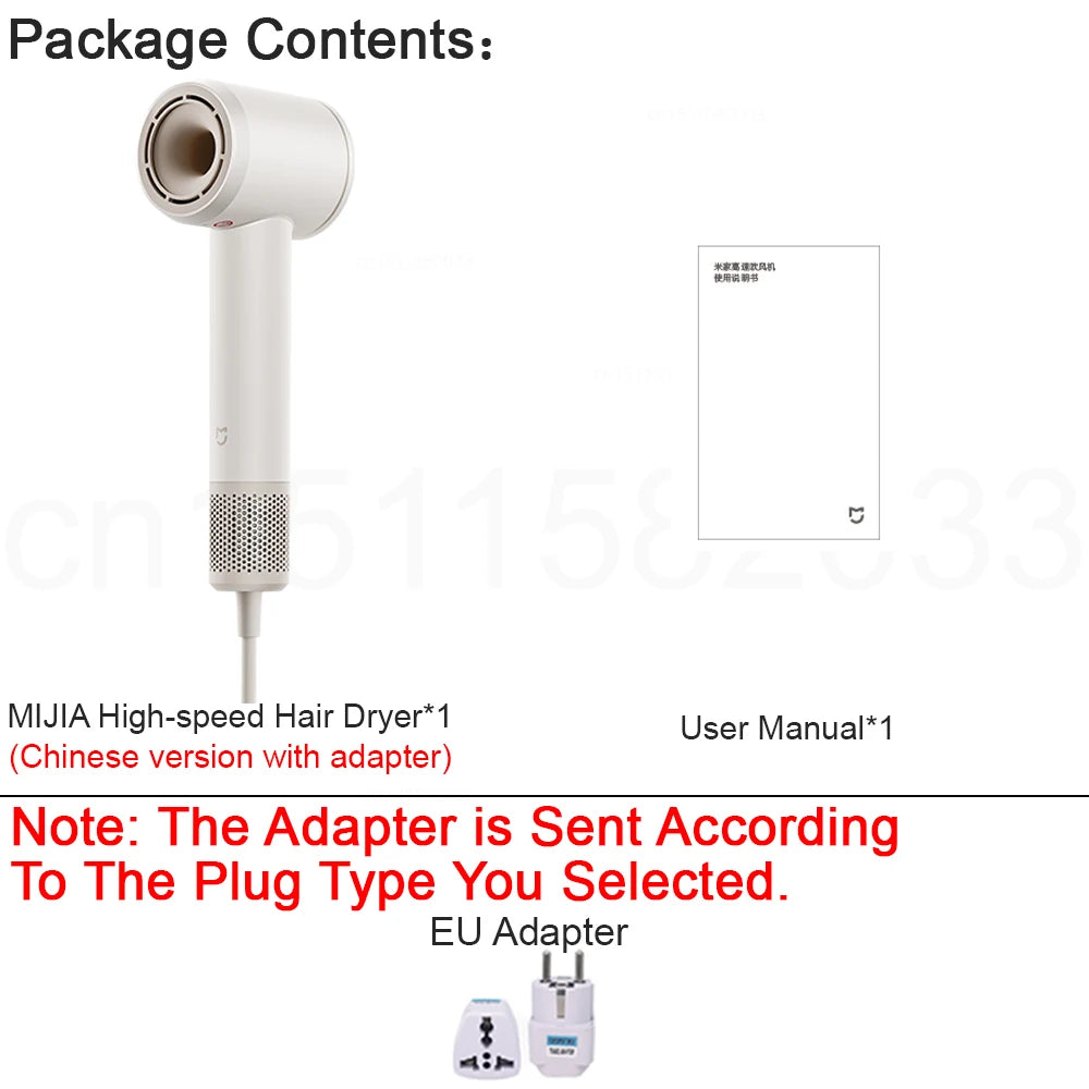White MIJIA high-speed hair dryer with manual and power adapter, 110,000rpm professional ionic hair care tool.