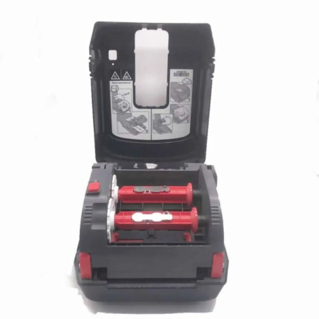 Barcode label printer cartridge bay part with red rollers, black housing