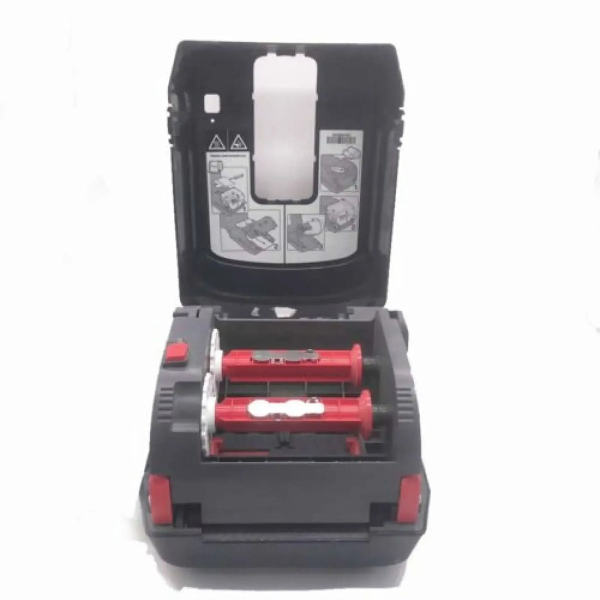 Barcode label printer cartridge bay part with red rollers, black housing