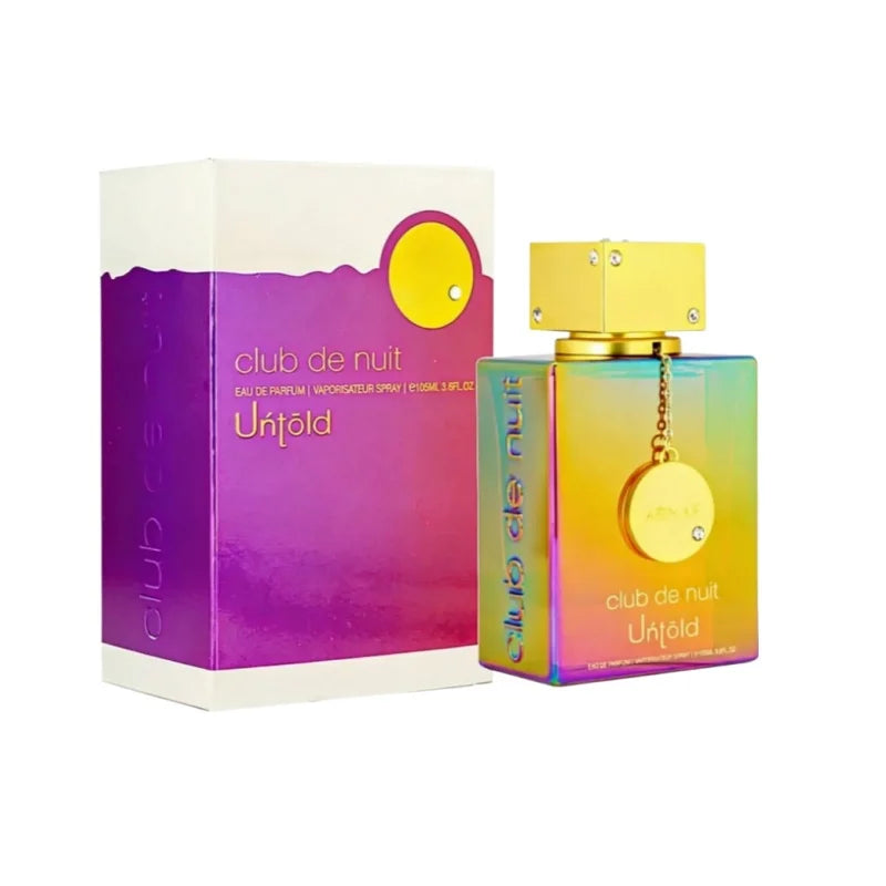 Armaf Club de Nuit Untold 105ml EDP: Iridescent square bottle, unisex long-lasting seductive fragrance with gold cap.
