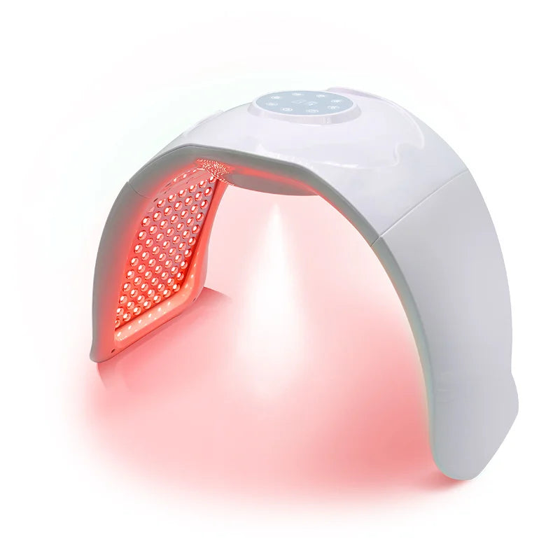 White LED light therapy facial mask device for skin rejuvenation and whitening with red light treatment panel.