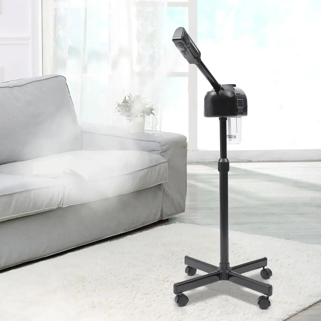 Black portable professional facial steamer with LCD screen, adjustable height stand, and wheels in a modern home.