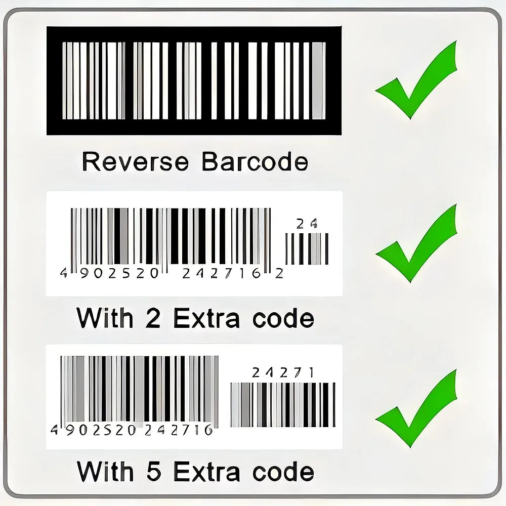 2D barcode scanner for reverse barcodes with extra code labels, black scanner head shown