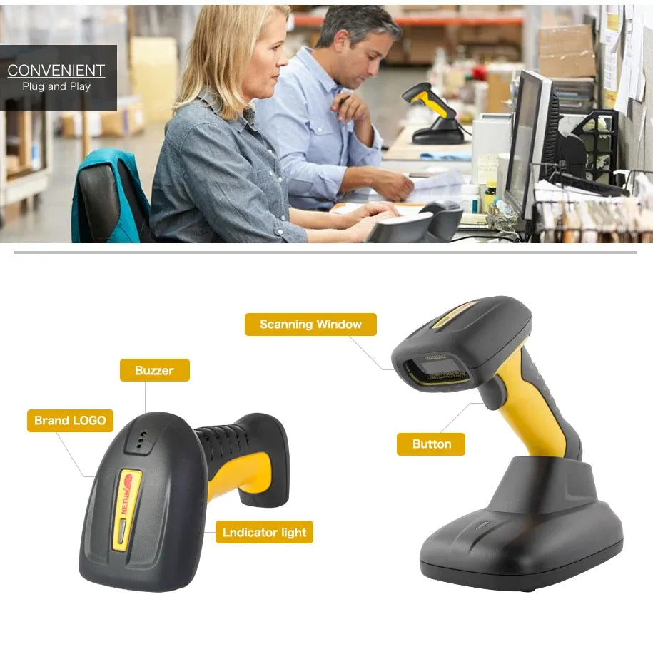 Handheld barcode scanner with yellow trigger and black grip on stand, labeled parts