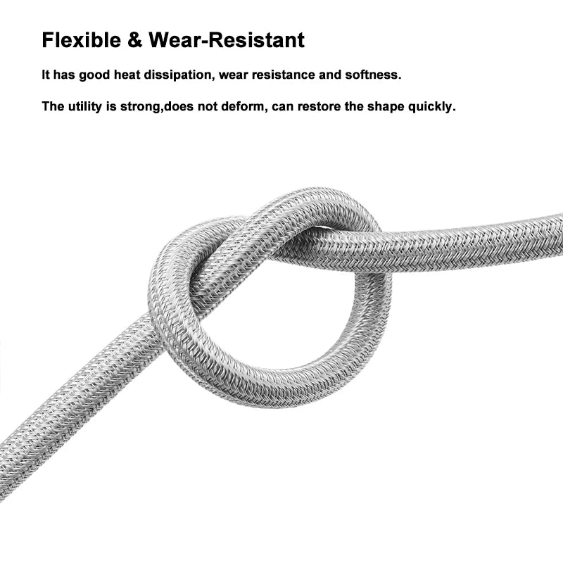 Flexible gray PET cable sleeve protects pet cords from chewing with heat-resistant, wear-resistant braided wire wrap.
