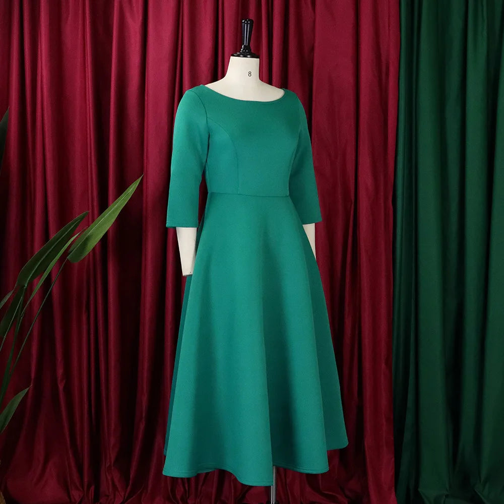 Elegant Pure Color Maxi Dress Evening Gown A- Line Skirt Polyester Fabric round Neck Short Sleeve High Waist Midi Dress