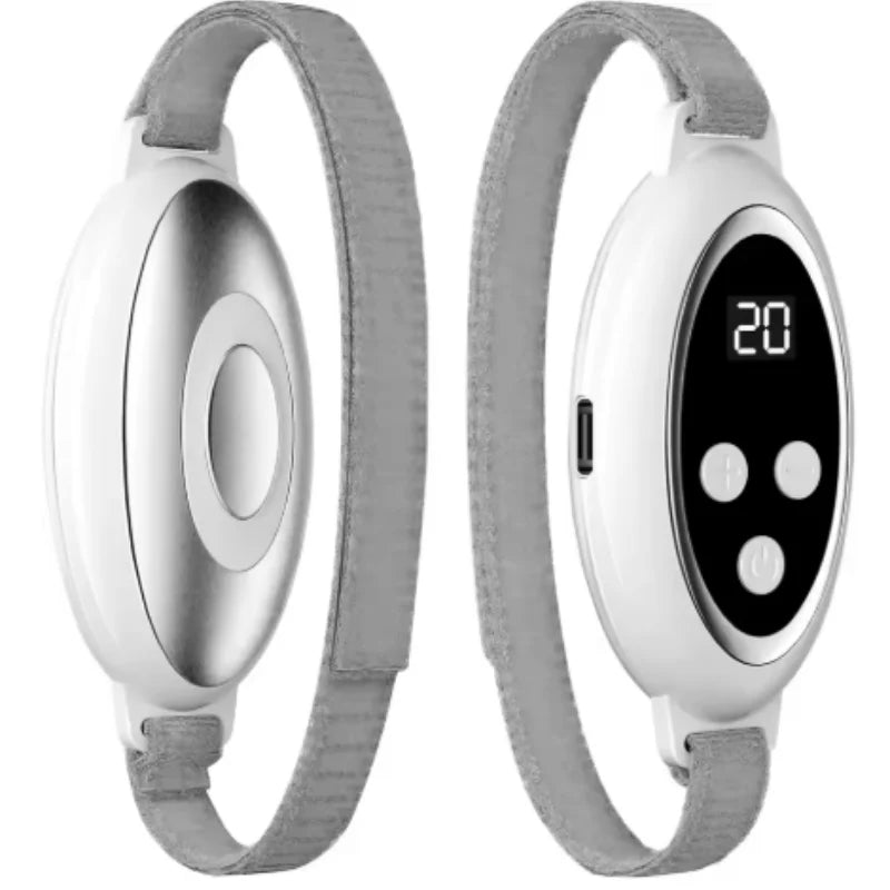 White portable microcurrent sleep aid device with digital display and grey adjustable strap for stress and anxiety.